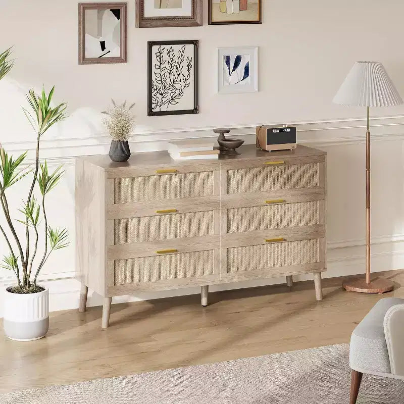 47 Commode en rotin à 6 tiroirs - Meuble de rangement moderne du milieu du siècle pour chambre et salon
