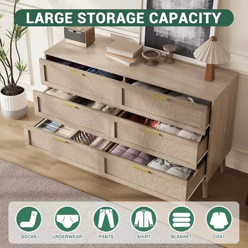 47 Commode en rotin à 6 tiroirs - Meuble de rangement moderne du milieu du siècle pour chambre et salon