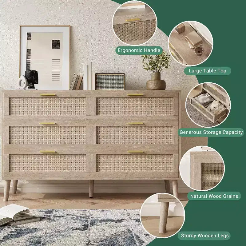 47 Commode en rotin à 6 tiroirs - Meuble de rangement moderne du milieu du siècle pour chambre et salon
