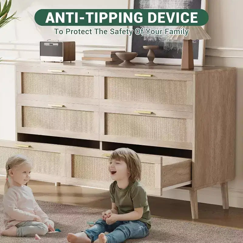 47 Commode en rotin à 6 tiroirs - Meuble de rangement moderne du milieu du siècle pour chambre et salon