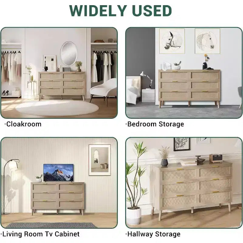 47 Commode en rotin à 6 tiroirs - Meuble de rangement moderne du milieu du siècle pour chambre et salon