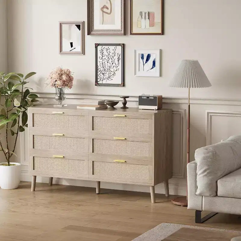 47 Commode en rotin à 6 tiroirs - Meuble de rangement moderne du milieu du siècle pour chambre et salon