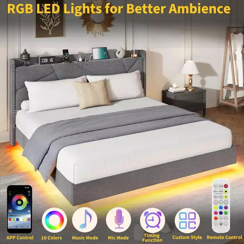 Cadre de lit plateforme moderne suspendu, rembourré, avec lumières LED et prises, tête de lit, support robuste à lattes en bois, silencieux et facile à assembler