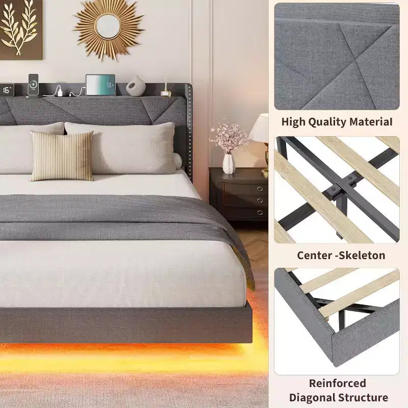 Cadre de lit plateforme moderne suspendu, rembourré, avec lumières LED et prises, tête de lit, support robuste à lattes en bois, silencieux et facile à assembler