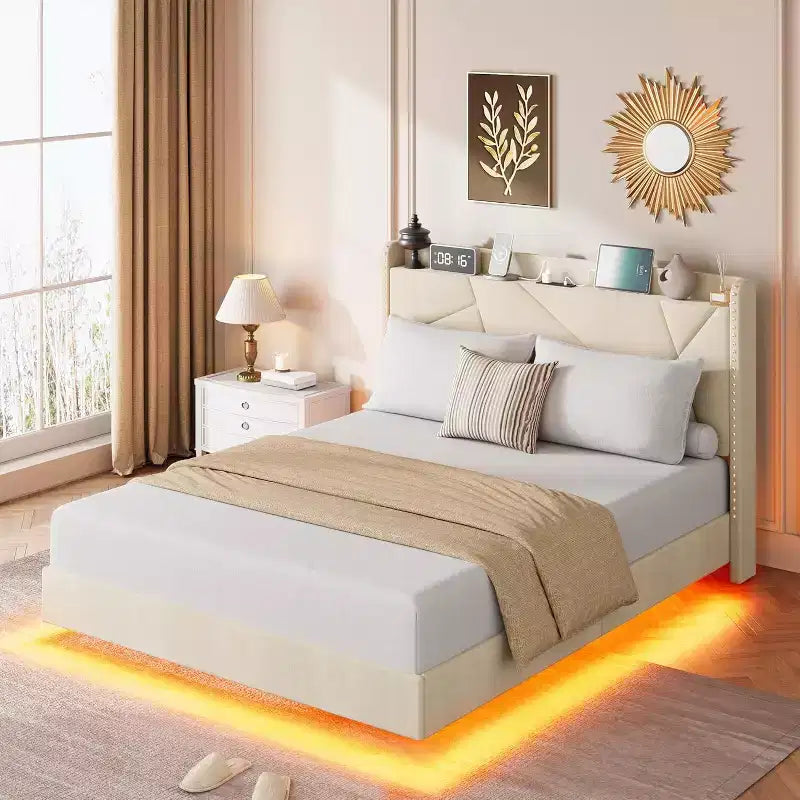 Cadre de lit plateforme moderne suspendu, rembourré, avec lumières LED et prises, tête de lit, support robuste à lattes en bois, silencieux et facile à assembler