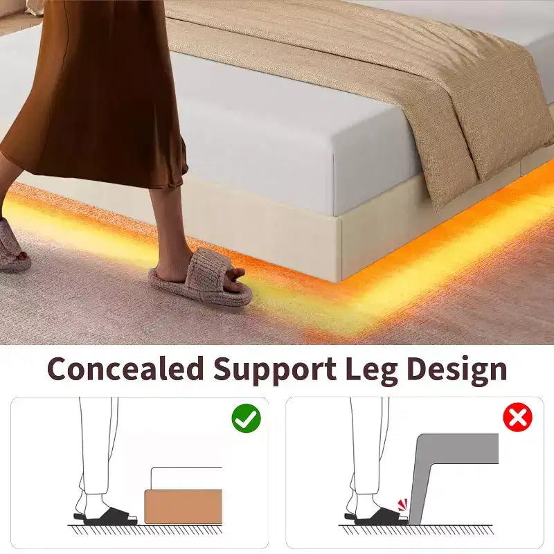 Cadre de lit plateforme moderne suspendu, rembourré, avec lumières LED et prises, tête de lit, support robuste à lattes en bois, silencieux et facile à assembler