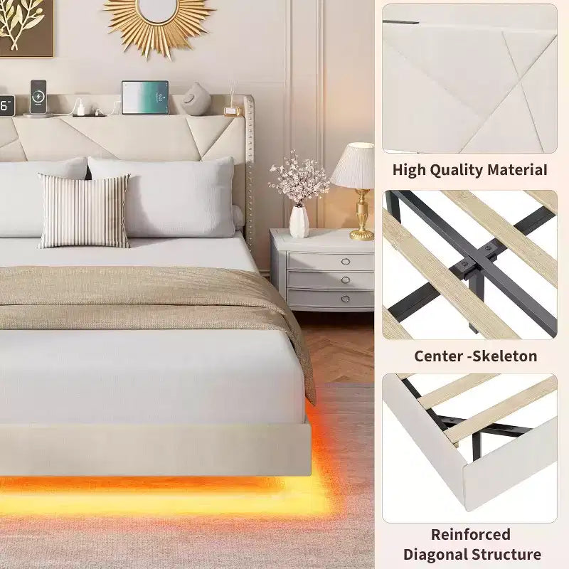 Cadre de lit plateforme moderne suspendu, rembourré, avec lumières LED et prises, tête de lit, support robuste à lattes en bois, silencieux et facile à assembler
