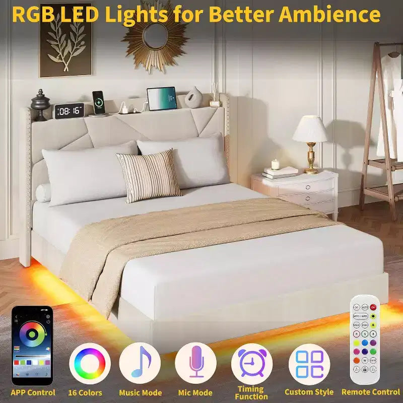 Cadre de lit plateforme moderne suspendu, rembourré, avec lumières LED et prises, tête de lit, support robuste à lattes en bois, silencieux et facile à assembler