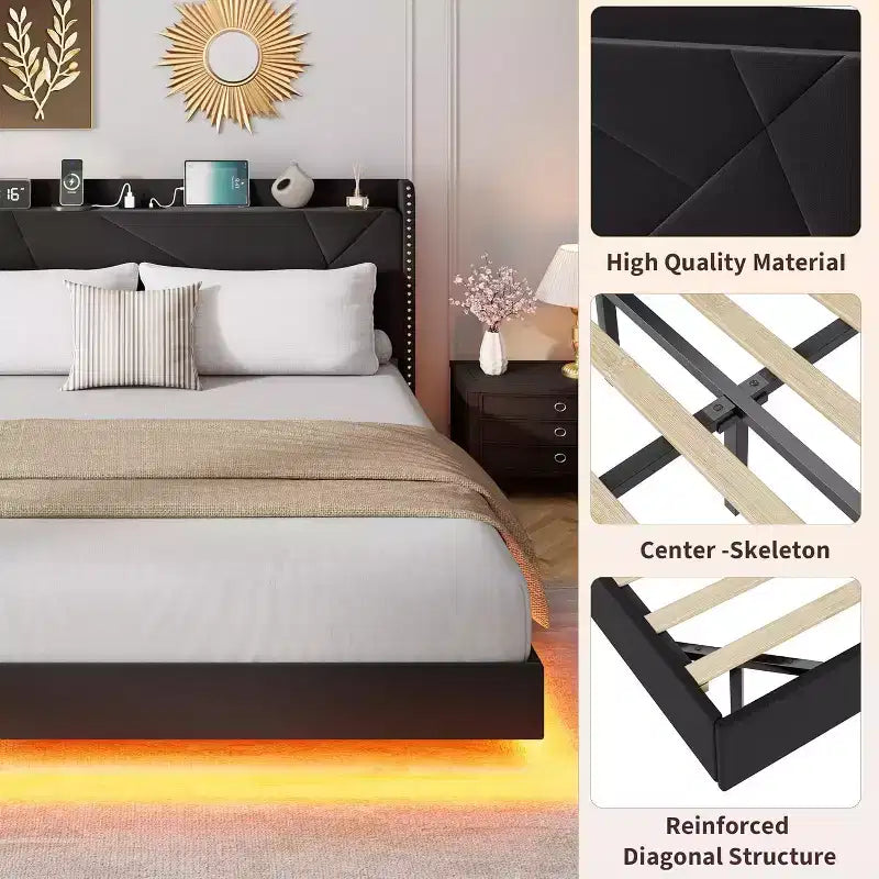 Cadre de lit plateforme moderne suspendu, rembourré, avec lumières LED et prises, tête de lit, support robuste à lattes en bois, silencieux et facile à assembler