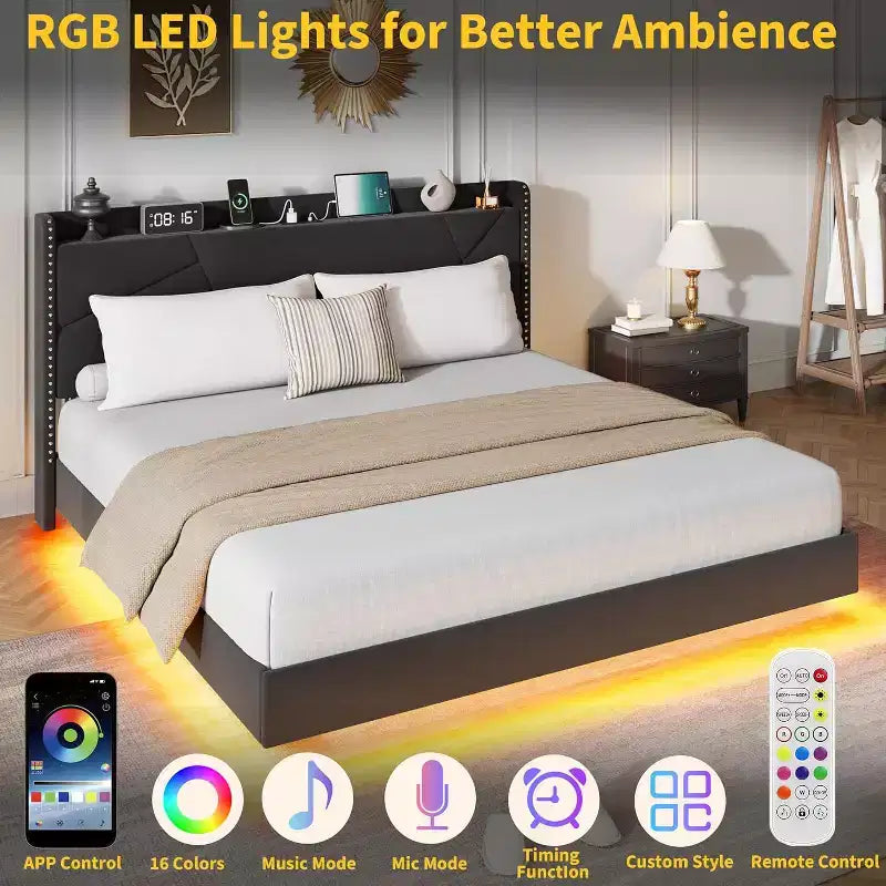 Cadre de lit plateforme moderne suspendu, rembourré, avec lumières LED et prises, tête de lit, support robuste à lattes en bois, silencieux et facile à assembler