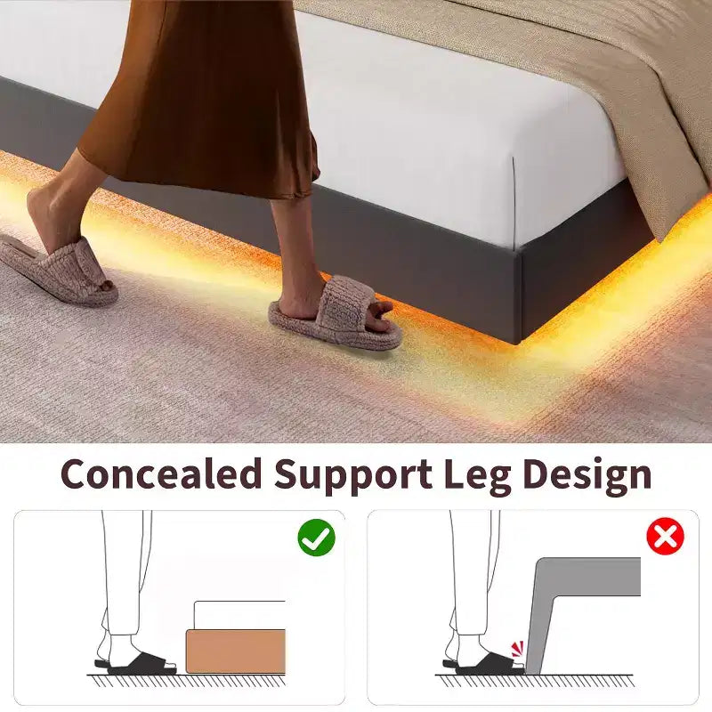 Cadre de lit plateforme moderne suspendu, rembourré, avec lumières LED et prises, tête de lit, support robuste à lattes en bois, silencieux et facile à assembler