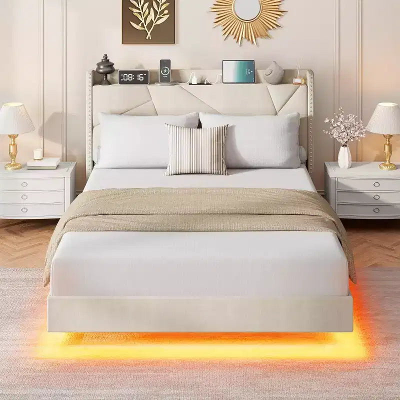 Cadre de lit plateforme moderne suspendu, rembourré, avec lumières LED et prises, tête de lit, support robuste à lattes en bois, silencieux et facile à assembler