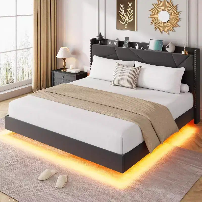 Cadre de lit plateforme moderne suspendu, rembourré, avec lumières LED et prises, tête de lit, support robuste à lattes en bois, silencieux et facile à assembler