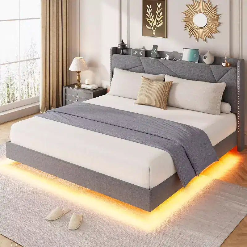 Cadre de lit plateforme moderne suspendu, rembourré, avec lumières LED et prises, tête de lit, support robuste à lattes en bois, silencieux et facile à assembler