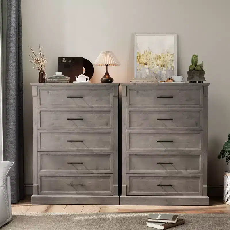 Tiroirs de rangement, commode de chambre à cinq tiroirs, commode haute de style ferme avec poignées en métal, commode rustique en bois pour salon et couloir