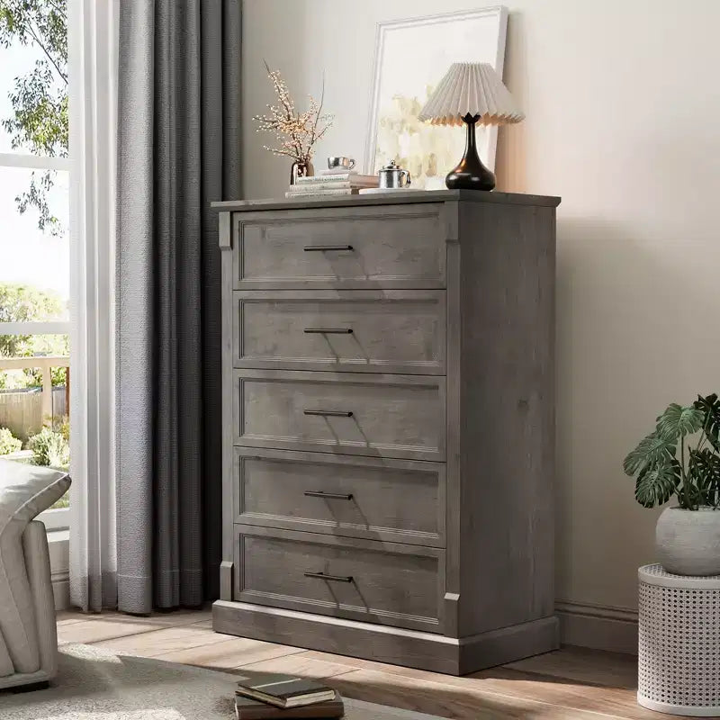Tiroirs de rangement, commode de chambre à cinq tiroirs, commode haute de style ferme avec poignées en métal, commode rustique en bois pour salon et couloir