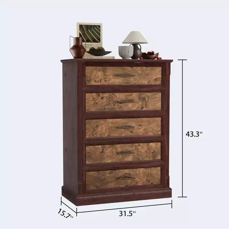 Tiroirs de rangement, commode de chambre à cinq tiroirs, commode haute de style ferme avec poignées en métal, commode rustique en bois pour salon et couloir