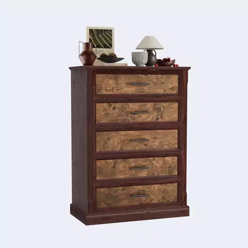 Tiroirs de rangement, commode de chambre à cinq tiroirs, commode haute de style ferme avec poignées en métal, commode rustique en bois pour salon et couloir