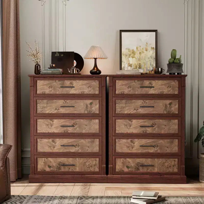 Tiroirs de rangement, commode de chambre à cinq tiroirs, commode haute de style ferme avec poignées en métal, commode rustique en bois pour salon et couloir
