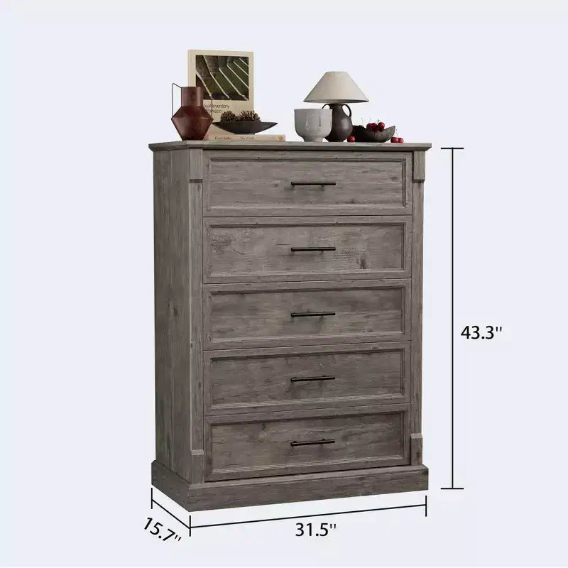 Tiroirs de rangement, commode de chambre à cinq tiroirs, commode haute de style ferme avec poignées en métal, commode rustique en bois pour salon et couloir