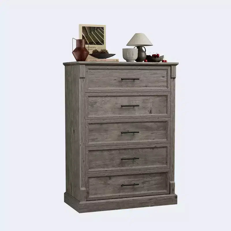 Tiroirs de rangement, commode de chambre à cinq tiroirs, commode haute de style ferme avec poignées en métal, commode rustique en bois pour salon et couloir