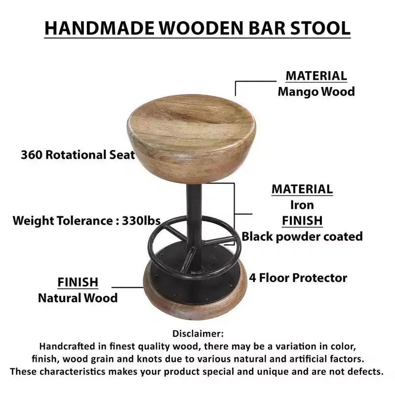 Tabouret de bar rustique pivotant de 24 pouces, assise ronde en bois de manguier fabriquée à la main, base en fer noir avec repose-pieds