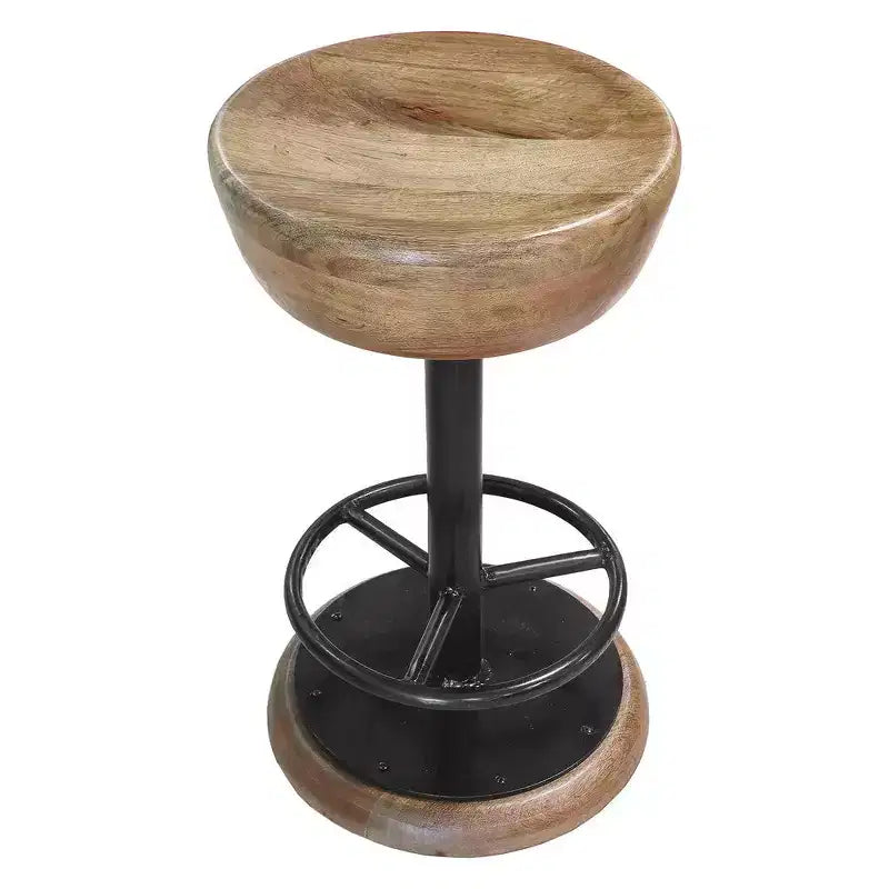 Tabouret de bar rustique pivotant de 24 pouces, assise ronde en bois de manguier fabriquée à la main, base en fer noir avec repose-pieds