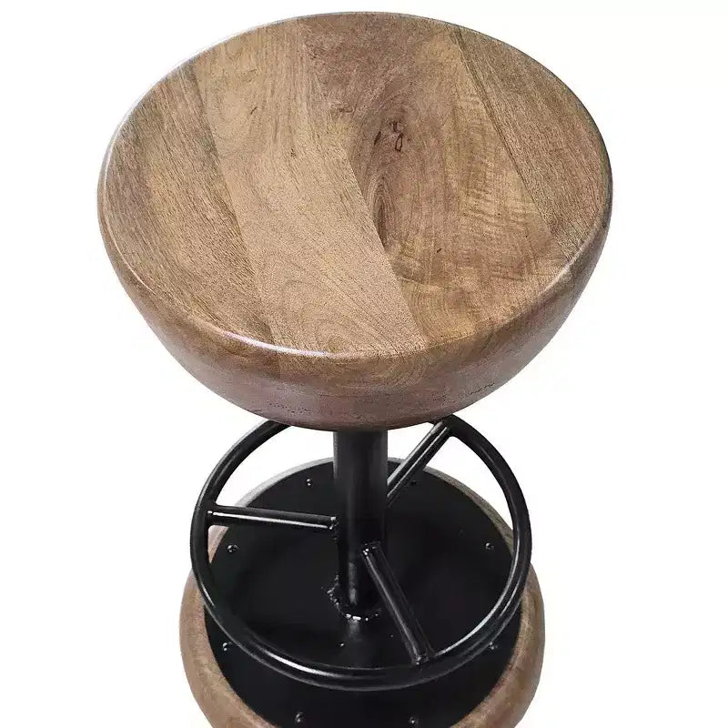 Tabouret de bar rustique pivotant de 24 pouces, assise ronde en bois de manguier fabriquée à la main, base en fer noir avec repose-pieds