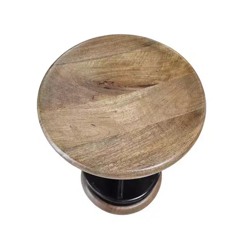 Tabouret de bar rustique pivotant de 24 pouces, assise ronde en bois de manguier fabriquée à la main, base en fer noir avec repose-pieds