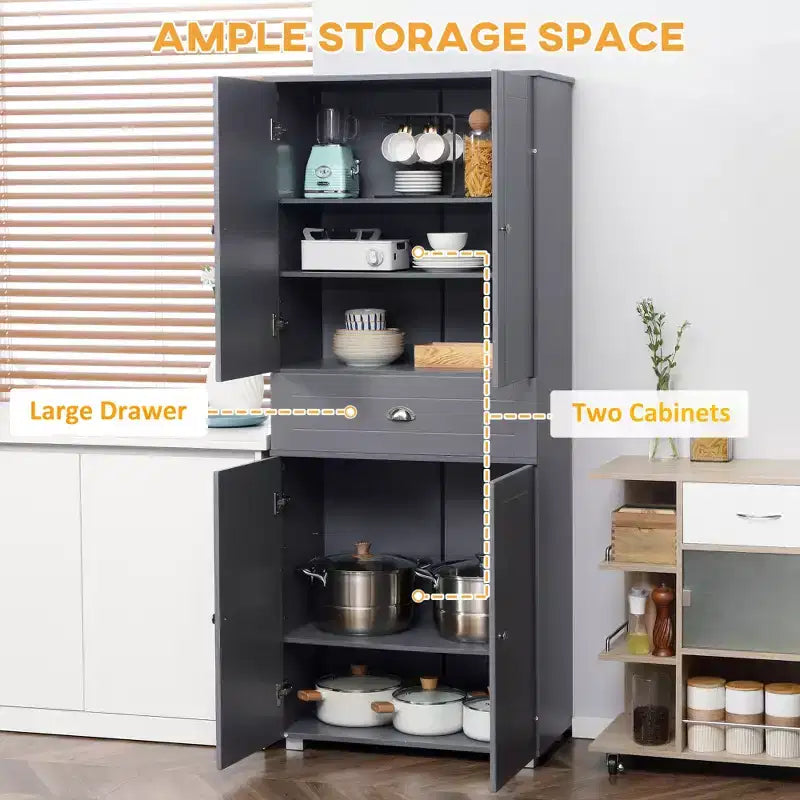 Meuble de rangement de cuisine autoportant de 72 po, armoire de rangement haute avec 4 portes, tiroir et étagères réglables pour salle à manger