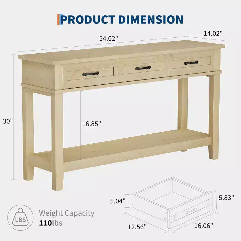 Console de Ferme avec 3 Tiroirs, Table d'Entrée de 54 po en Bois avec Étagères de Rangement pour Salon, Couloir ou Hall d'Entrée