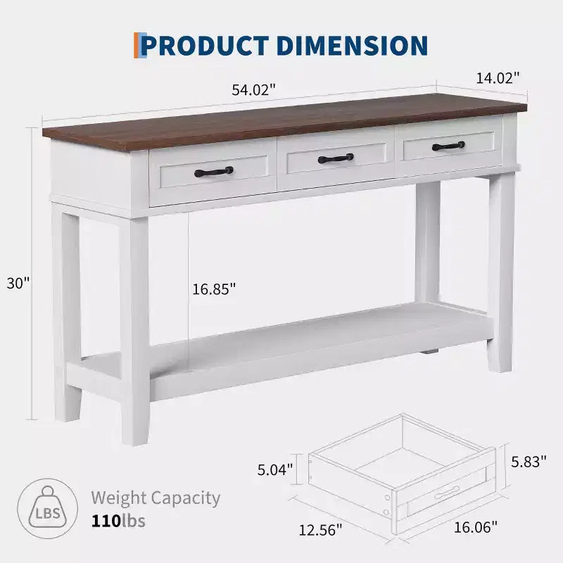 Console de Ferme avec 3 Tiroirs, Table d'Entrée de 54 po en Bois avec Étagères de Rangement pour Salon, Couloir ou Hall d'Entrée