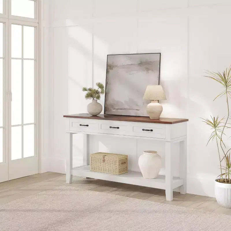 Console de Ferme avec 3 Tiroirs, Table d'Entrée de 54 po en Bois avec Étagères de Rangement pour Salon, Couloir ou Hall d'Entrée