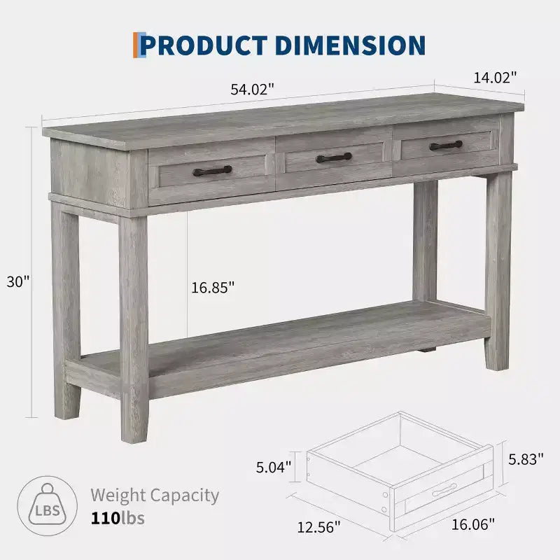 Console de Ferme avec 3 Tiroirs, Table d'Entrée de 54 po en Bois avec Étagères de Rangement pour Salon, Couloir ou Hall d'Entrée