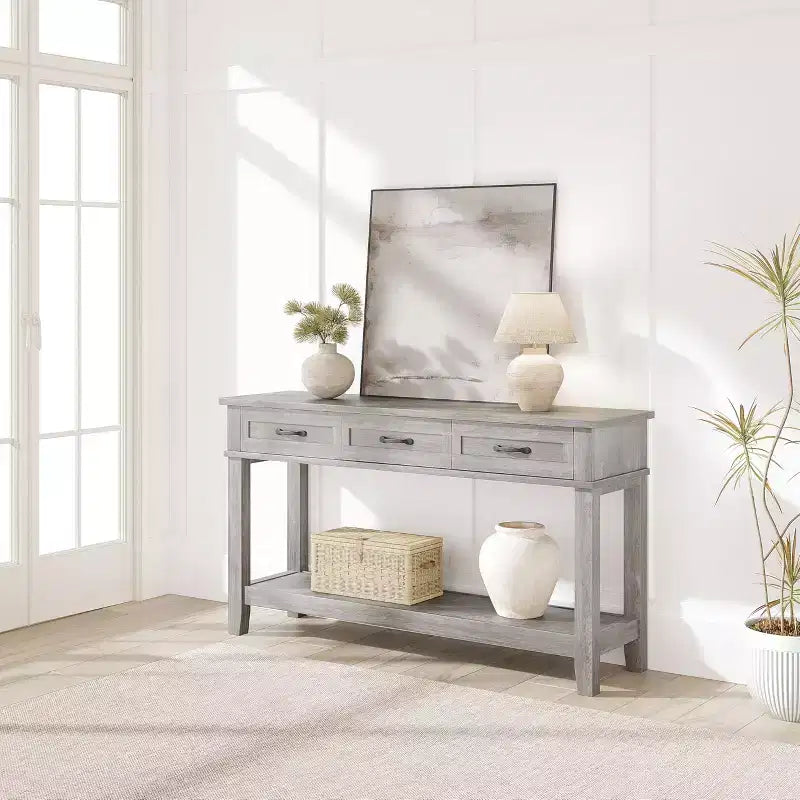 Console de Ferme avec 3 Tiroirs, Table d'Entrée de 54 po en Bois avec Étagères de Rangement pour Salon, Couloir ou Hall d'Entrée
