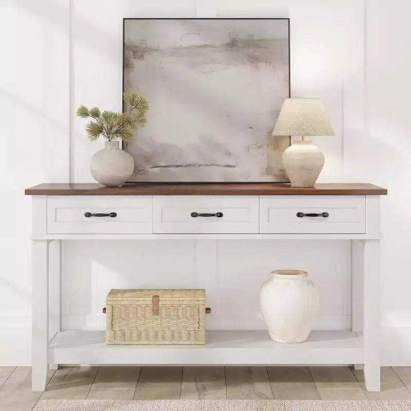 Console de Ferme avec 3 Tiroirs, Table d'Entrée de 54 po en Bois avec Étagères de Rangement pour Salon, Couloir ou Hall d'Entrée