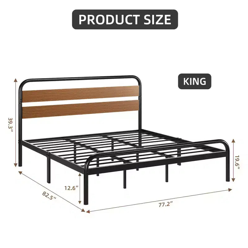Cadre de lit plateforme King Size, cadre de lit King Size de style industriel avec tête de lit en bois, cadre de lit en métal robuste avec supports à lattes métalliques
