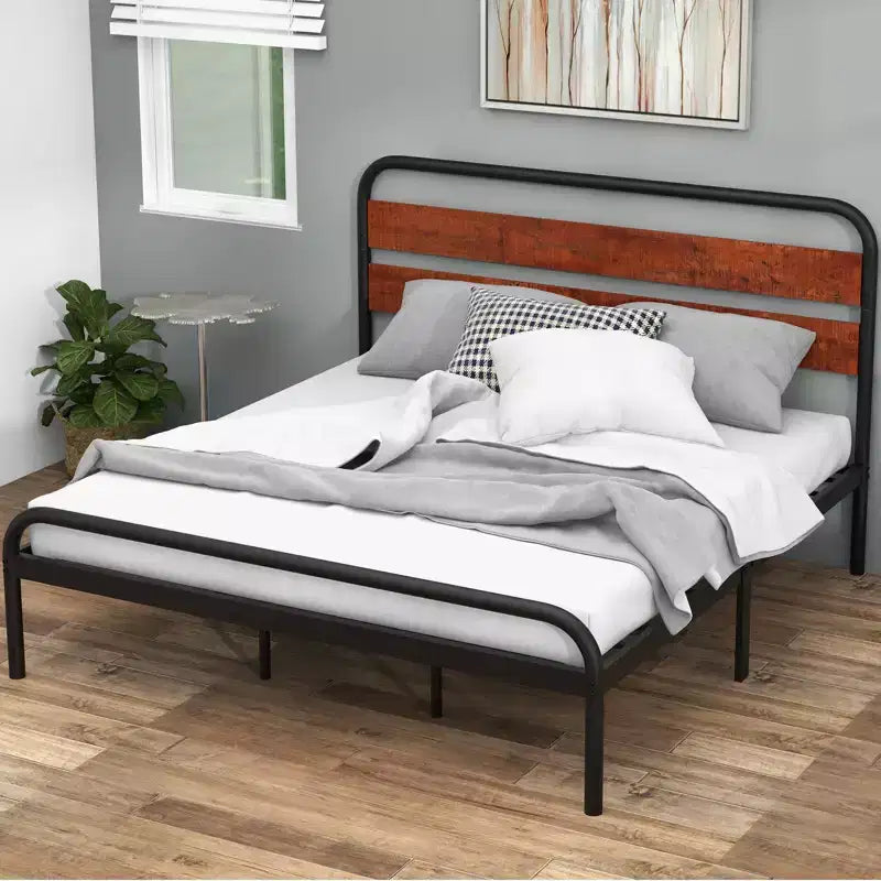 Cadre de lit plateforme King Size, cadre de lit King Size de style industriel avec tête de lit en bois, cadre de lit en métal robuste avec supports à lattes métalliques