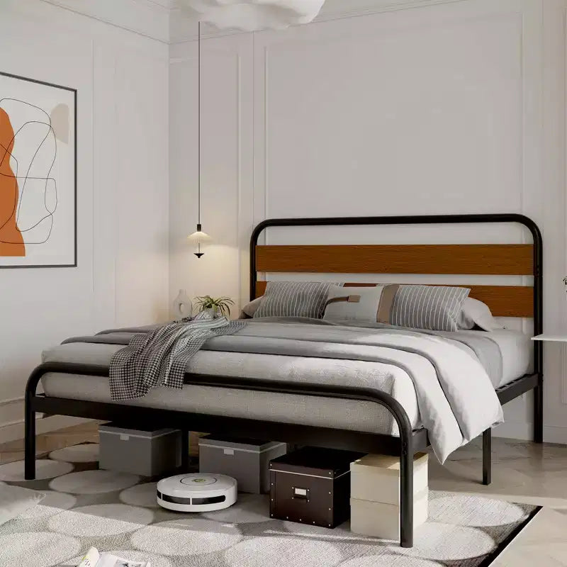 Cadre de lit plateforme King Size, cadre de lit King Size de style industriel avec tête de lit en bois, cadre de lit en métal robuste avec supports à lattes métalliques