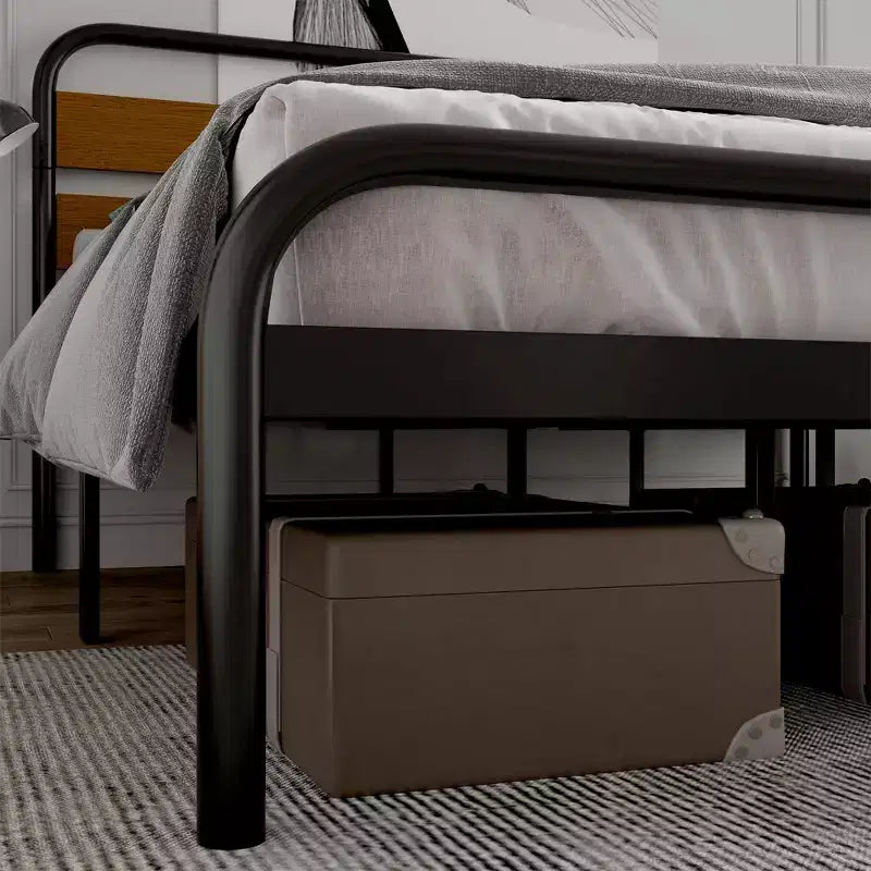 Cadre de lit plateforme King Size, cadre de lit King Size de style industriel avec tête de lit en bois, cadre de lit en métal robuste avec supports à lattes métalliques