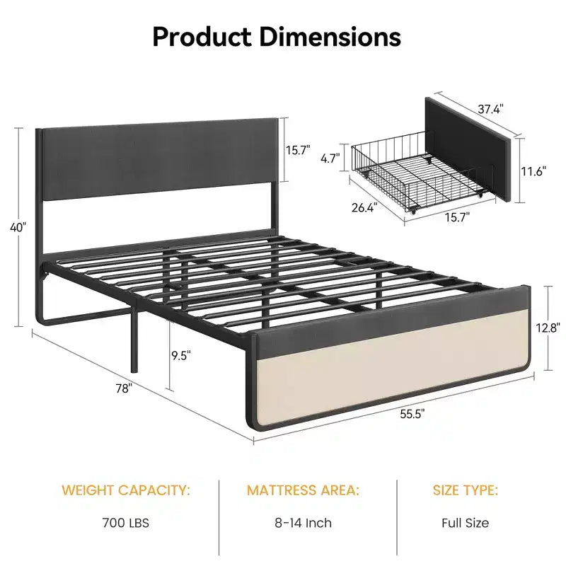 Cadre de lit rembourré avec tiroirs de rangement, lit plateforme avec tête de lit et espace de rangement sous le lit