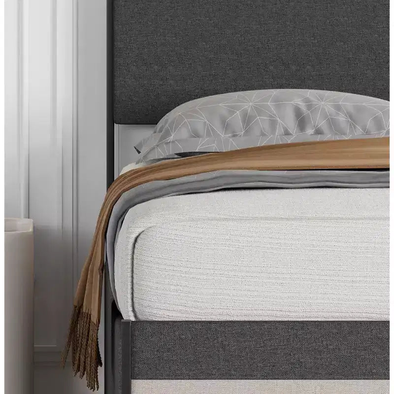 Cadre de lit rembourré avec tiroirs de rangement, lit plateforme avec tête de lit et espace de rangement sous le lit
