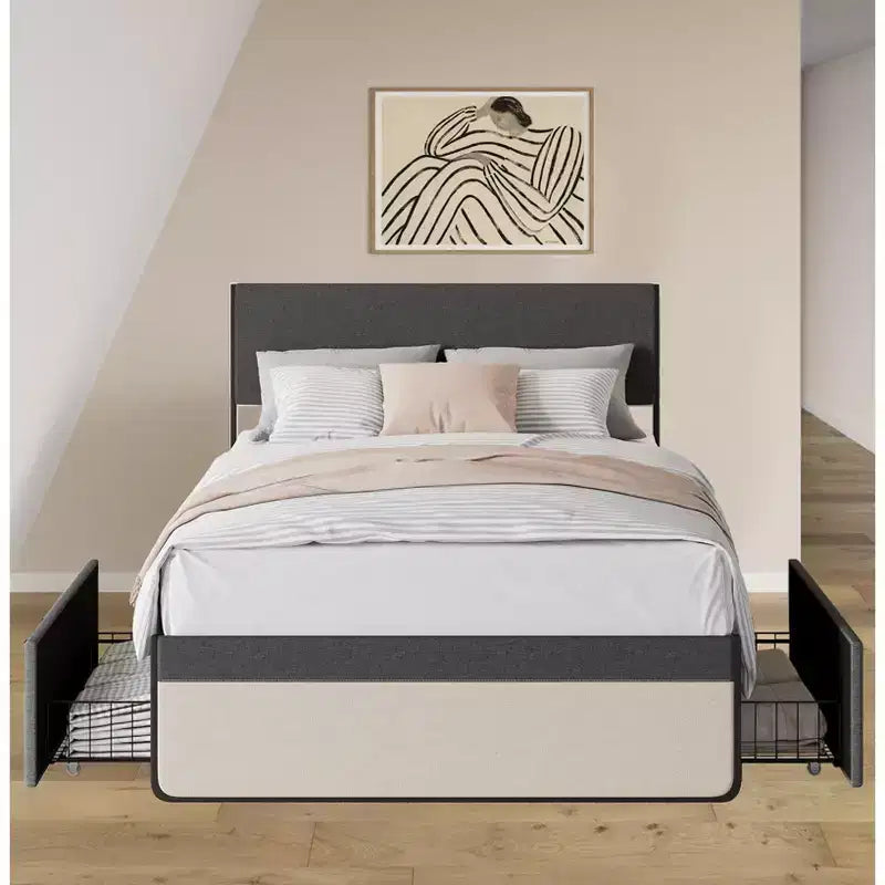 Cadre de lit rembourré avec tiroirs de rangement, lit plateforme avec tête de lit et espace de rangement sous le lit