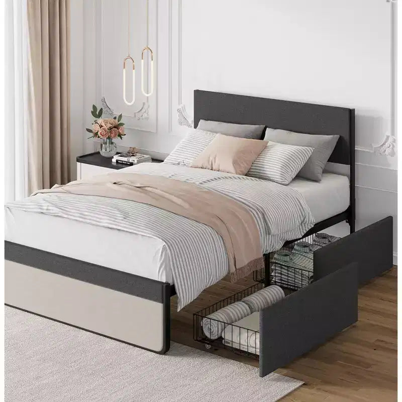 Cadre de lit rembourré avec tiroirs de rangement, lit plateforme avec tête de lit et espace de rangement sous le lit