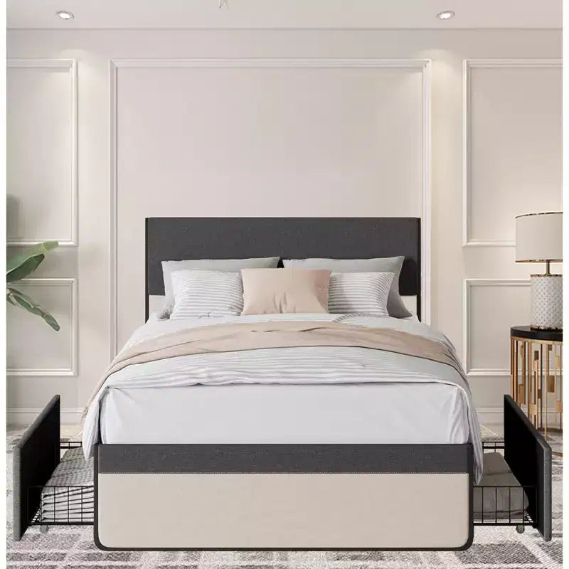 Cadre de lit rembourré avec tiroirs de rangement, lit plateforme avec tête de lit et espace de rangement sous le lit