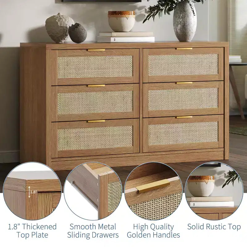 Coffre en bois avec poignées dorées, organisateur de rangement moderne avec tiroirs coulissants, meuble TV de style ferme pour salon, chambre, entrée,