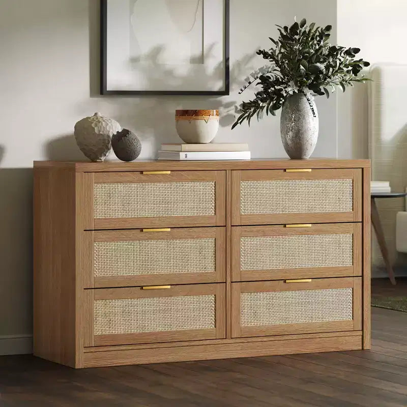 Coffre en bois avec poignées dorées, organisateur de rangement moderne avec tiroirs coulissants, meuble TV de style ferme pour salon, chambre, entrée,