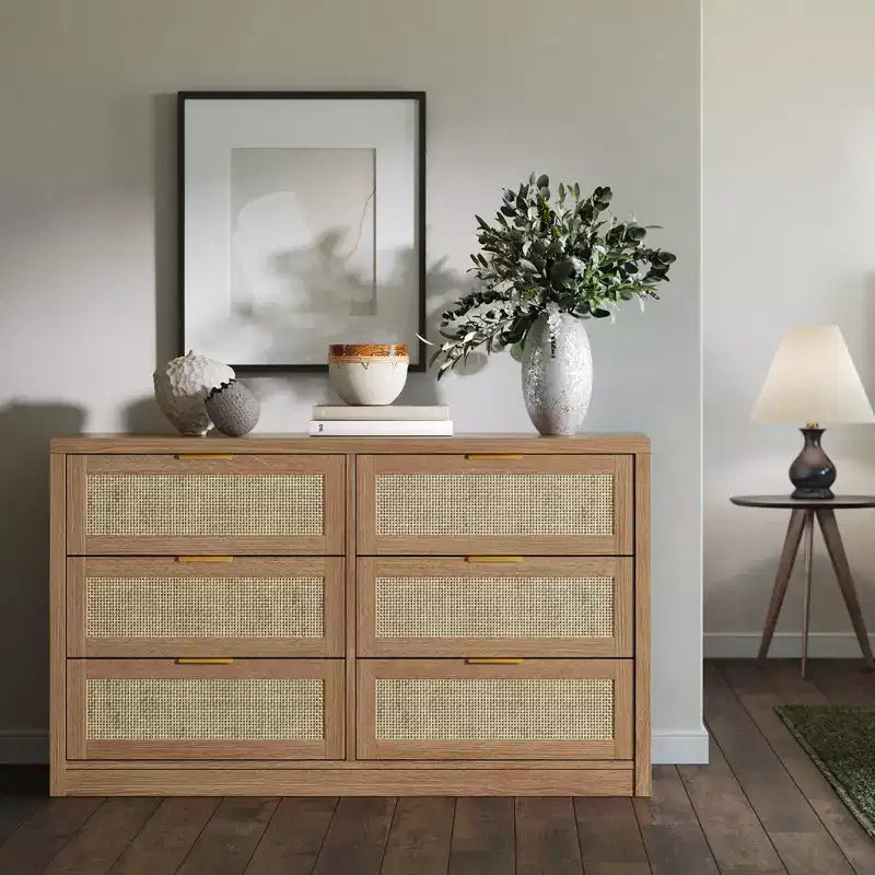 Coffre en bois avec poignées dorées, organisateur de rangement moderne avec tiroirs coulissants, meuble TV de style ferme pour salon, chambre, entrée,