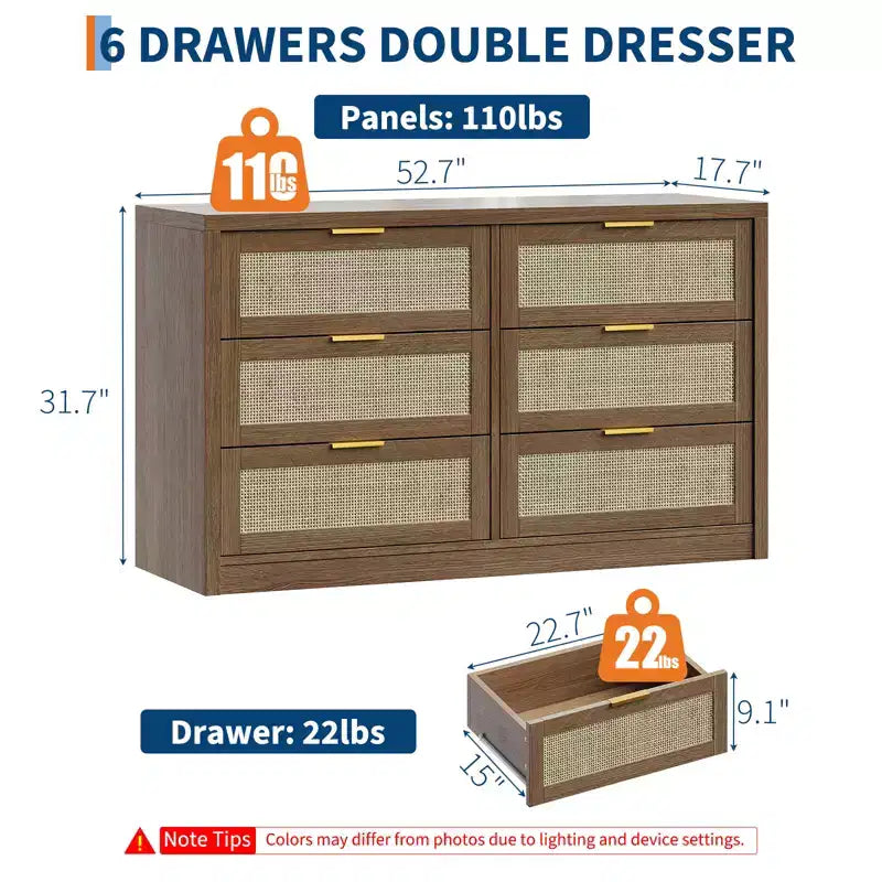 Coffre en bois avec poignées dorées, organisateur de rangement moderne avec tiroirs coulissants, meuble TV de style ferme pour salon, chambre, entrée,