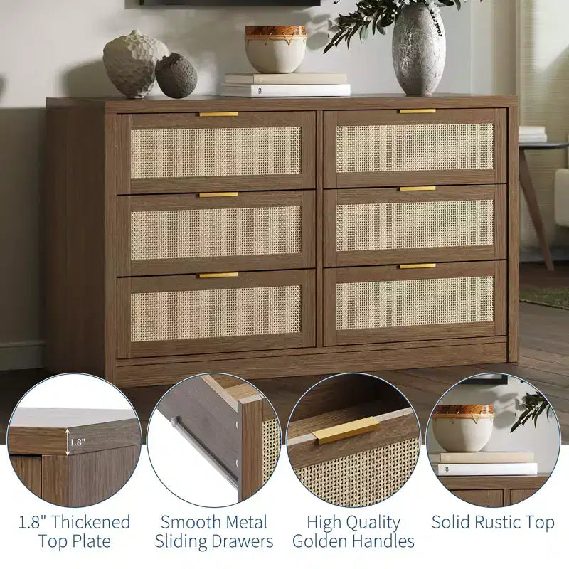 Coffre en bois avec poignées dorées, organisateur de rangement moderne avec tiroirs coulissants, meuble TV de style ferme pour salon, chambre, entrée,